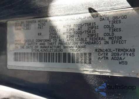 2001 Toyota Tacoma z USA, uszkodzony, nr VIN 5TENL42N51Z718190